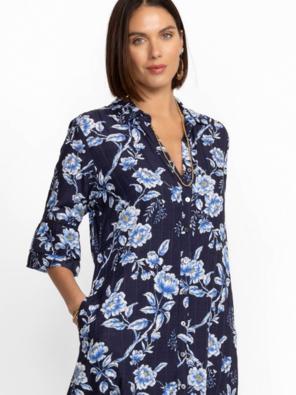 Johnny Was Navy Floral Button-Down Midi Dress Size Large